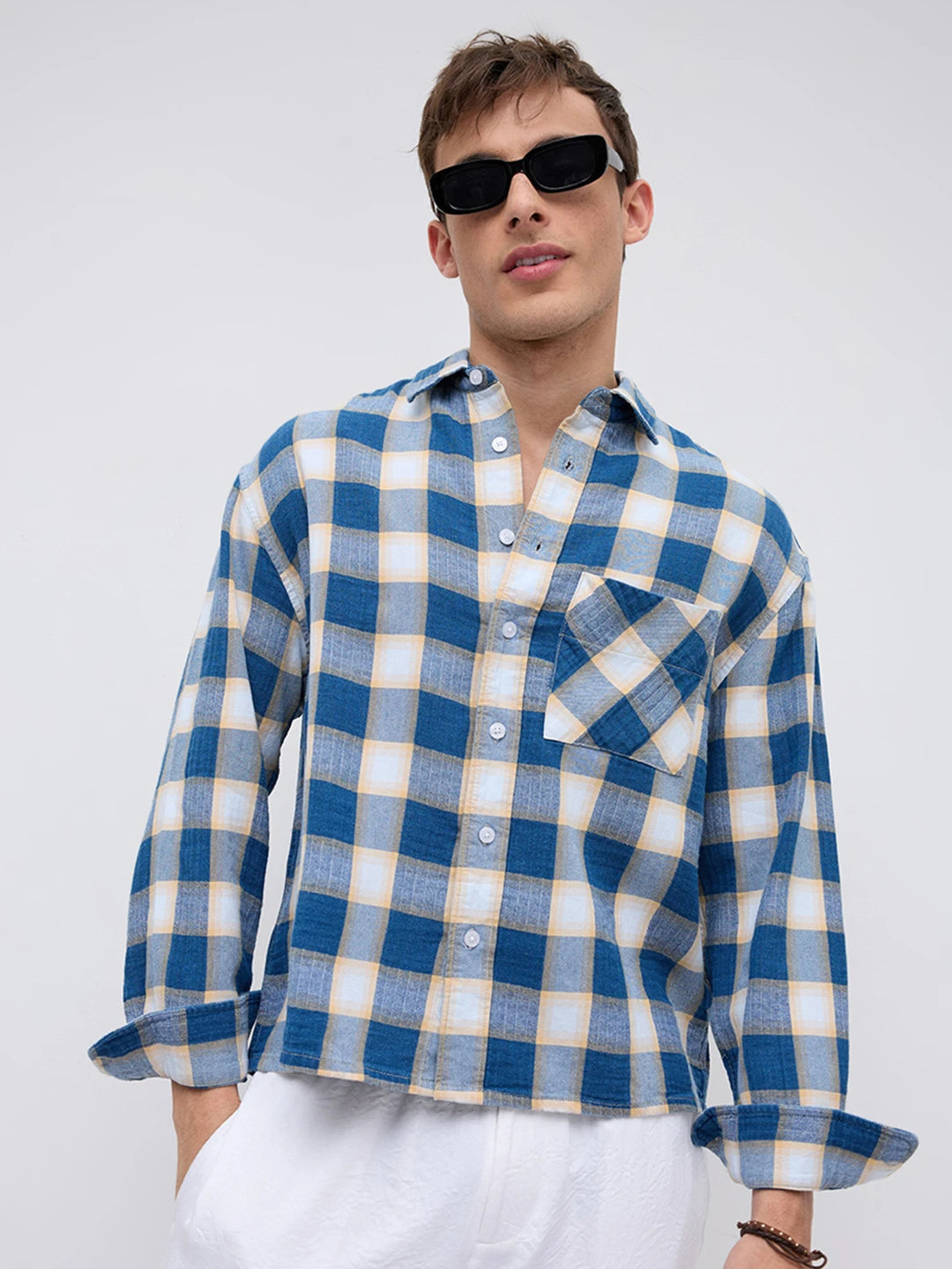 Denim Blue & Beige Box Checks Boxy Fit Crop Shirt
