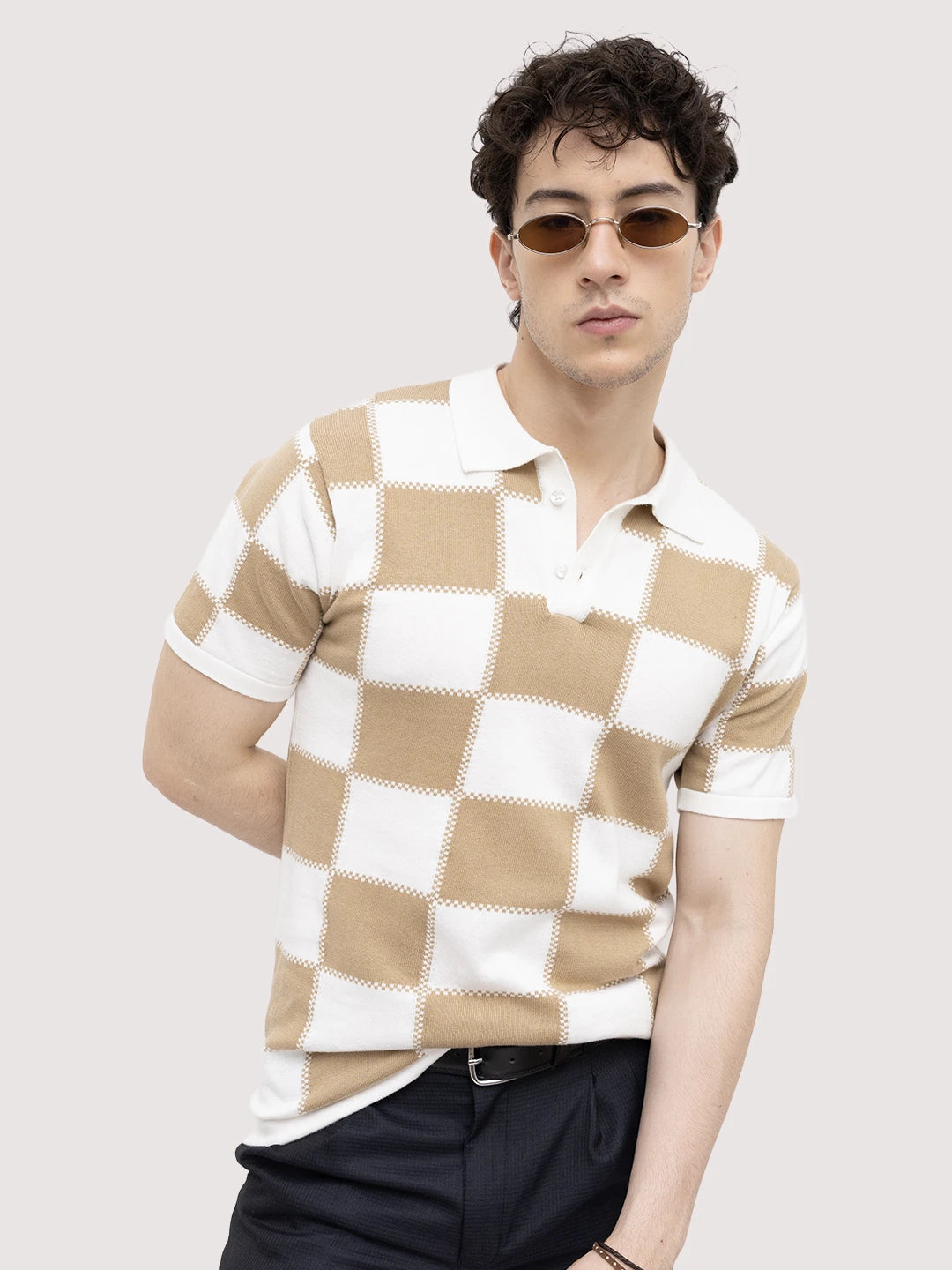 Scalloped Dessert Brown Block Checks Polo T-shirt