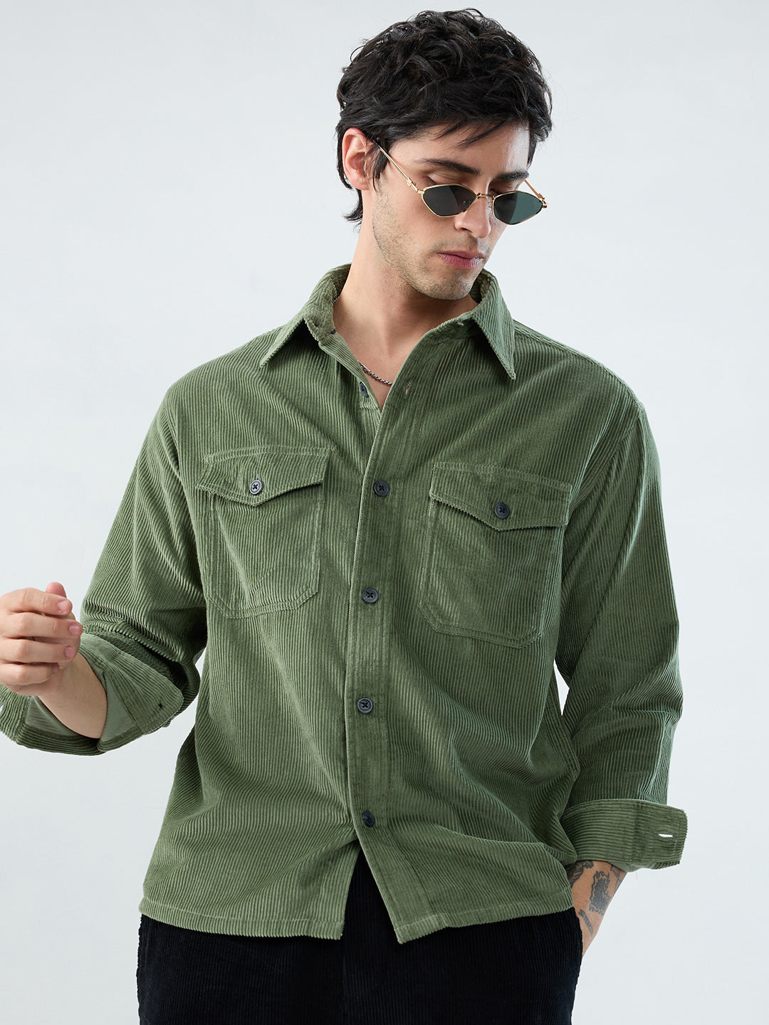 Green Mossline Structured Corduroy Double Pocket Overshirt