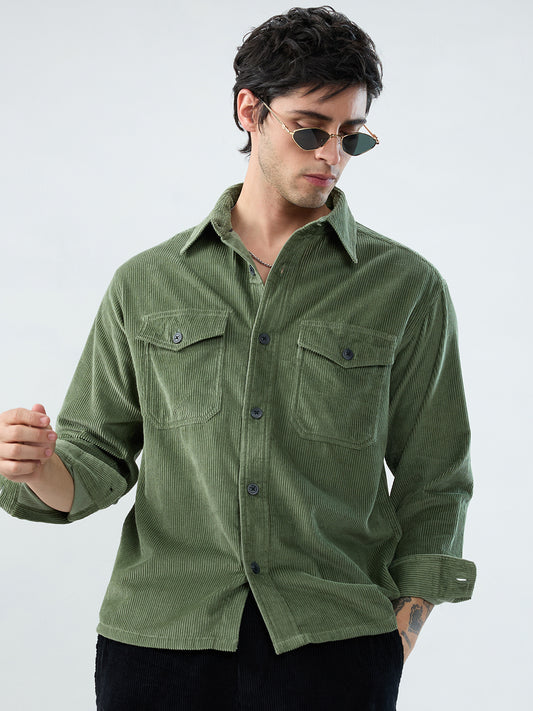 Green Mossline Structured Corduroy Double Pocket Overshirt