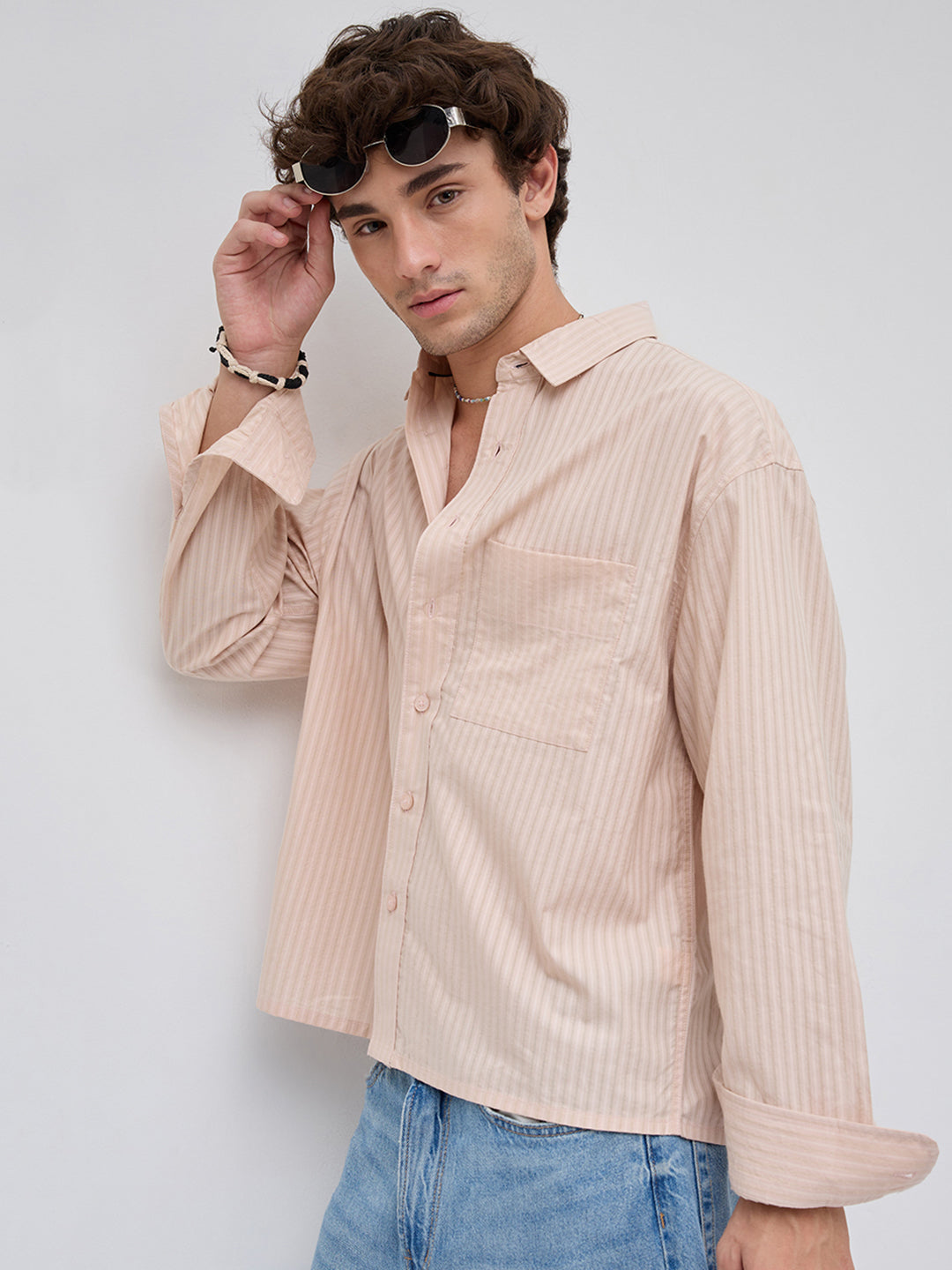 Plush Powder Pink Subtle Striped Boxy Fit Crop Shirt