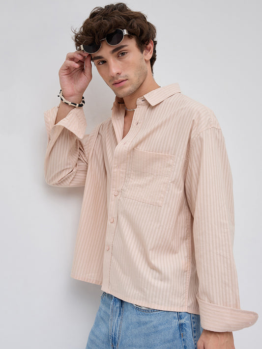 Plush Powder Pink Subtle Striped Boxy Fit Crop Shirt