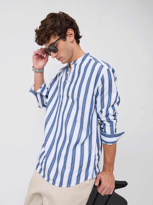 Coastal Denim Rhythm Loom Multi-Striped Kurta