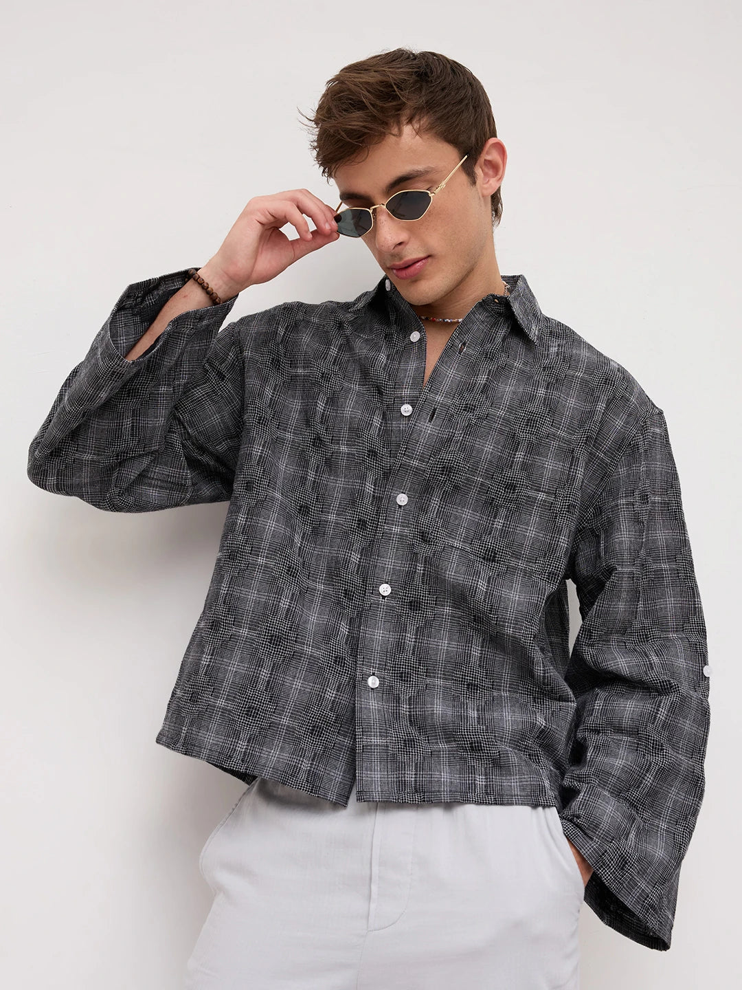 Monochrome Glitch Micro Check Matrix Cuffless Oversized Crop Shirt
