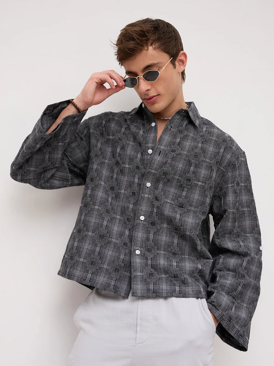 Monochrome Glitch Micro Check Matrix Cuffless Oversized Crop Shirt