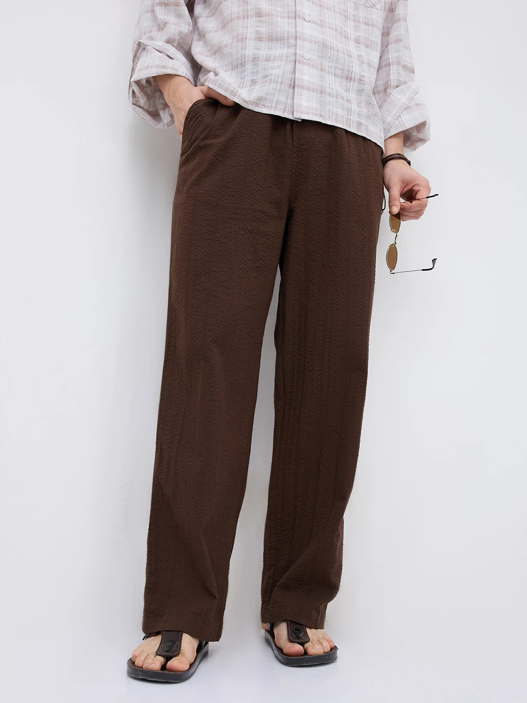 Luxe Brown Seersucker Striped Straight Fit Trousers
