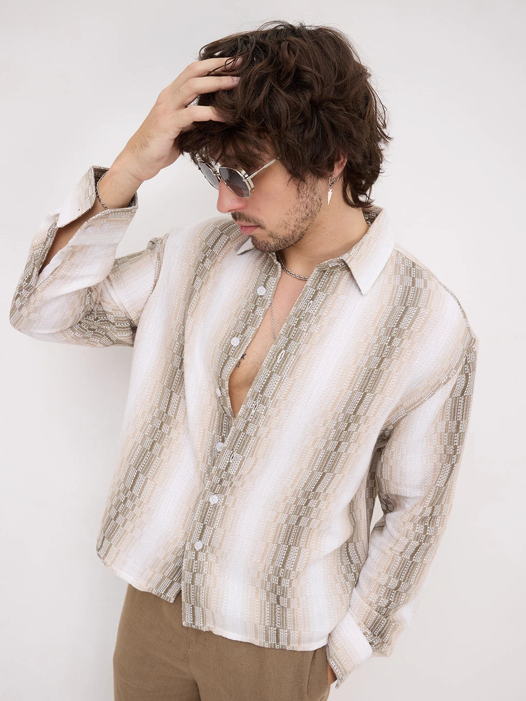 Beige & Olive Interlock Loom Striped Boxy Fit Crop Shirt