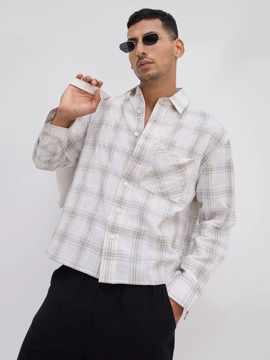 Grey & Ivory Structured Check Weave Boxy Fit Crop Shirt