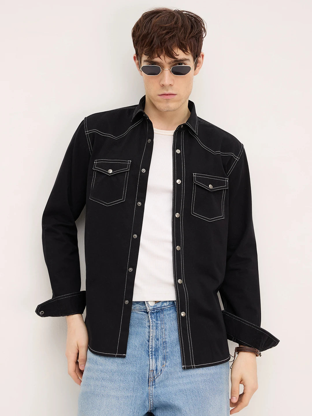 Nightfall Black Contrast Stitch Twin Pocket Overshirt