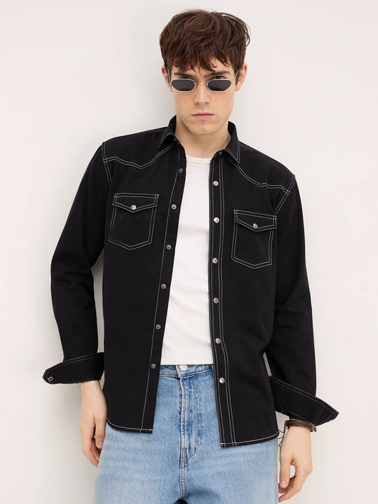 Nightfall Black Contrast Stitch Twin Pocket Overshirt