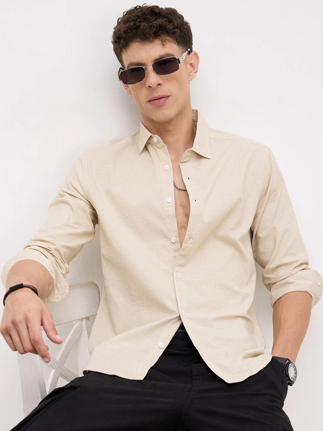 Bisque Beige Micro Square Textured Shirt