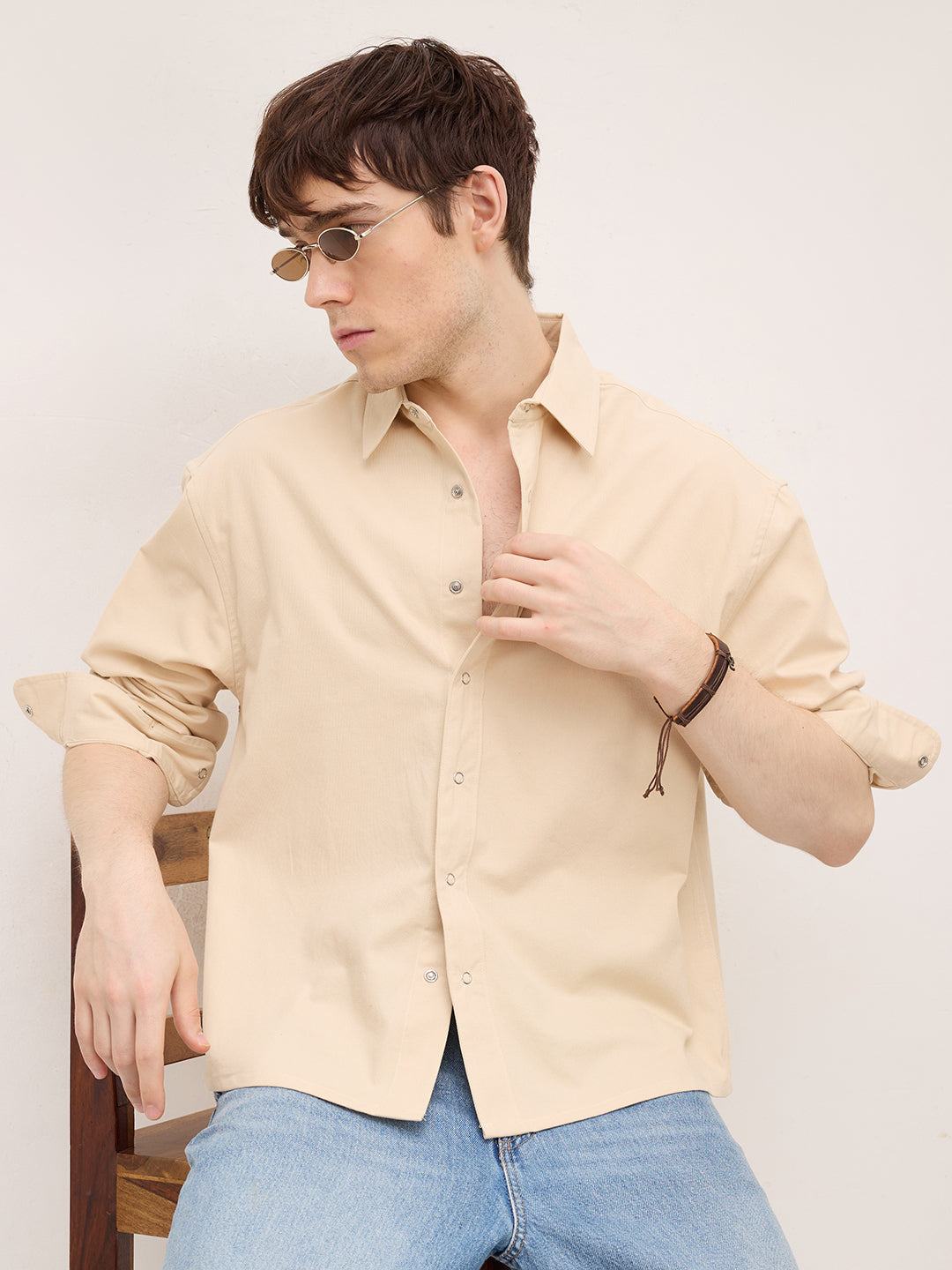 Luxe Bisque Beige Boxy Fit Crop Corduroy Shirt