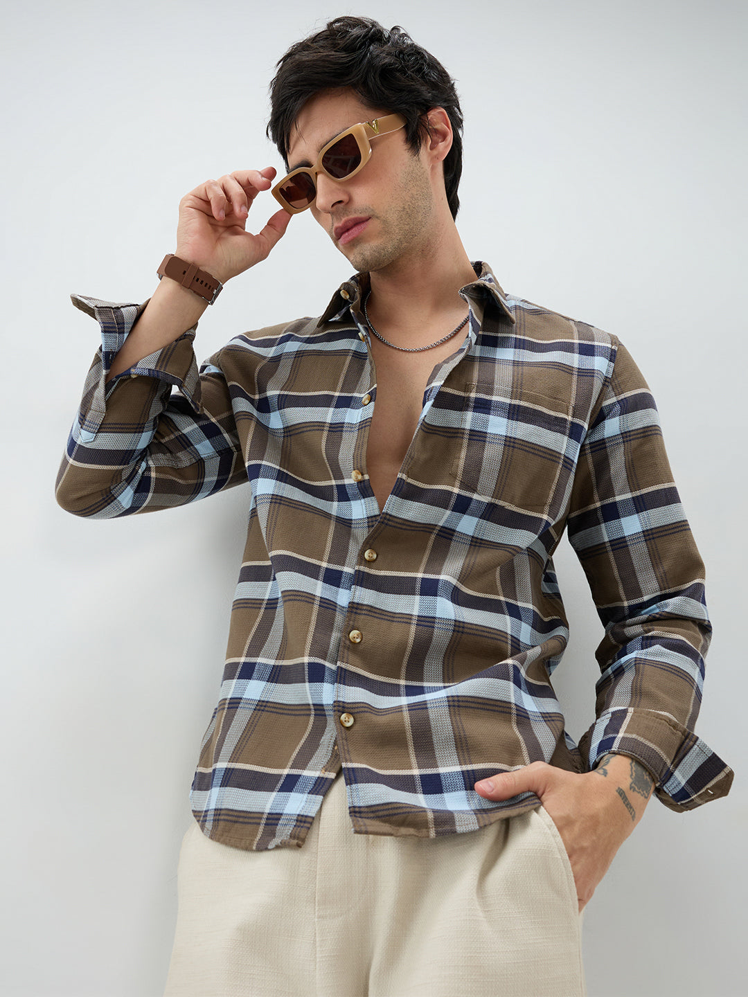Brown & Navy Tartanique Checked Shirt
