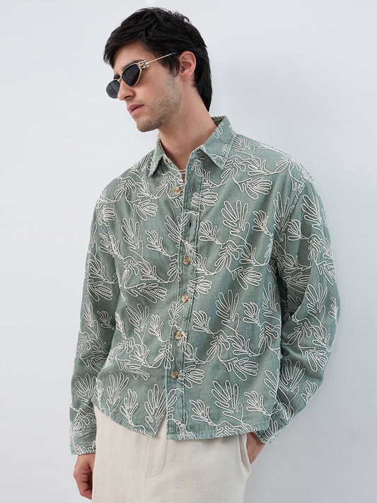 Denim Sage Green Artistic Embroidered Boxy Fit Crop Shirt