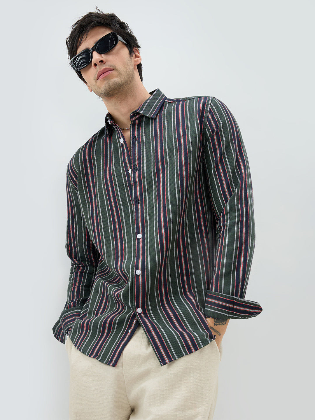 Olive & Navy Balanced Striped Shirt