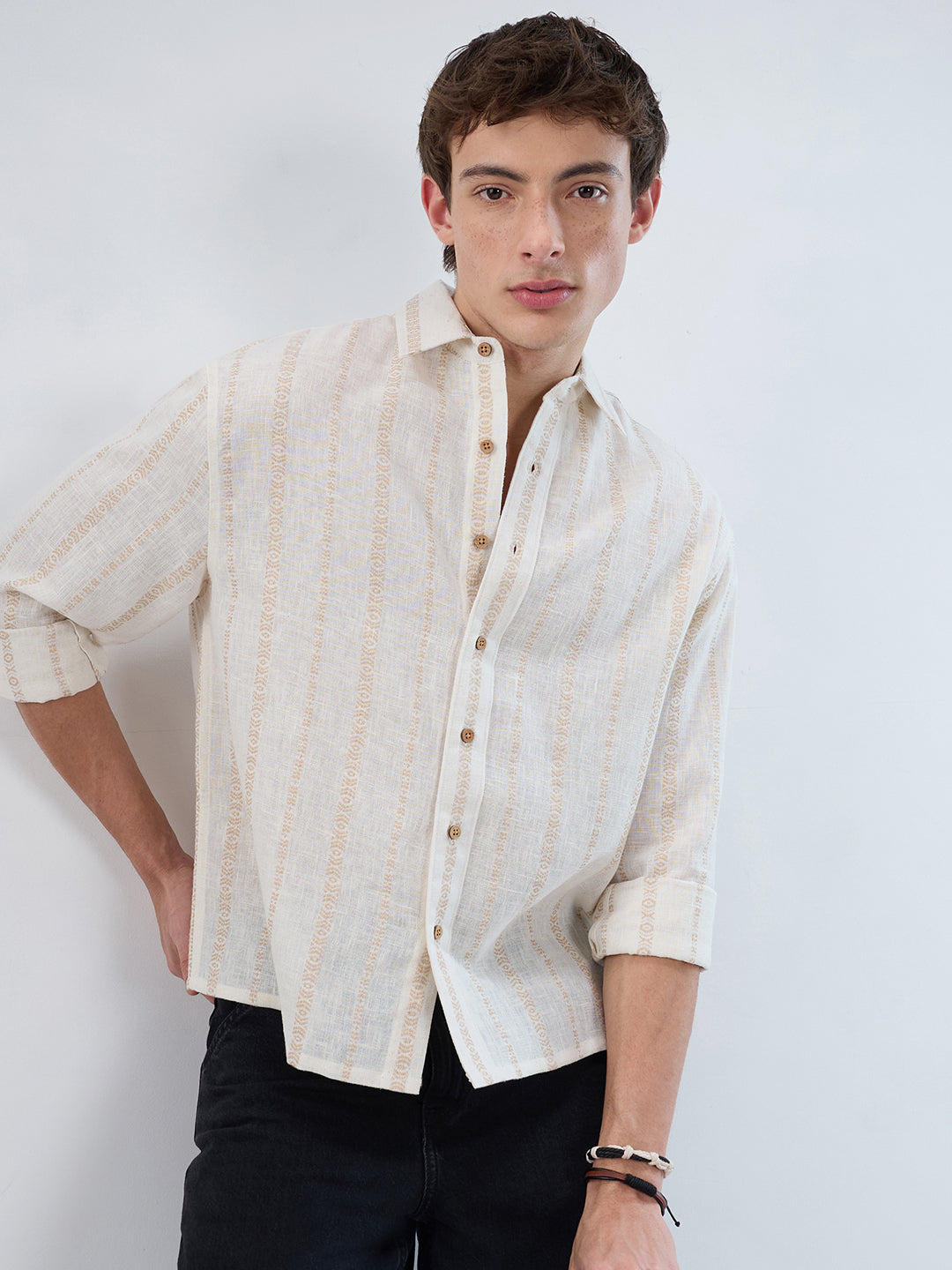 Ivory & Beige Burlap Striped Embroidery Boxy Fit Crop Shirt