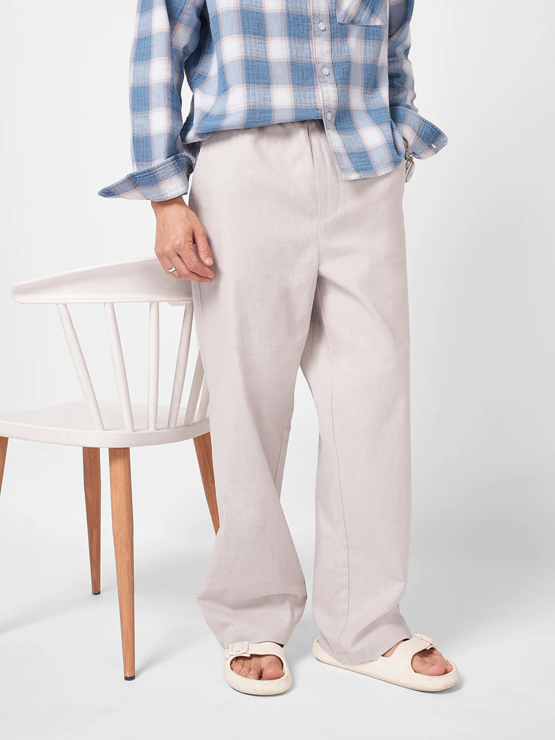 Tea Green Slub Weave Straight Fit Trousers