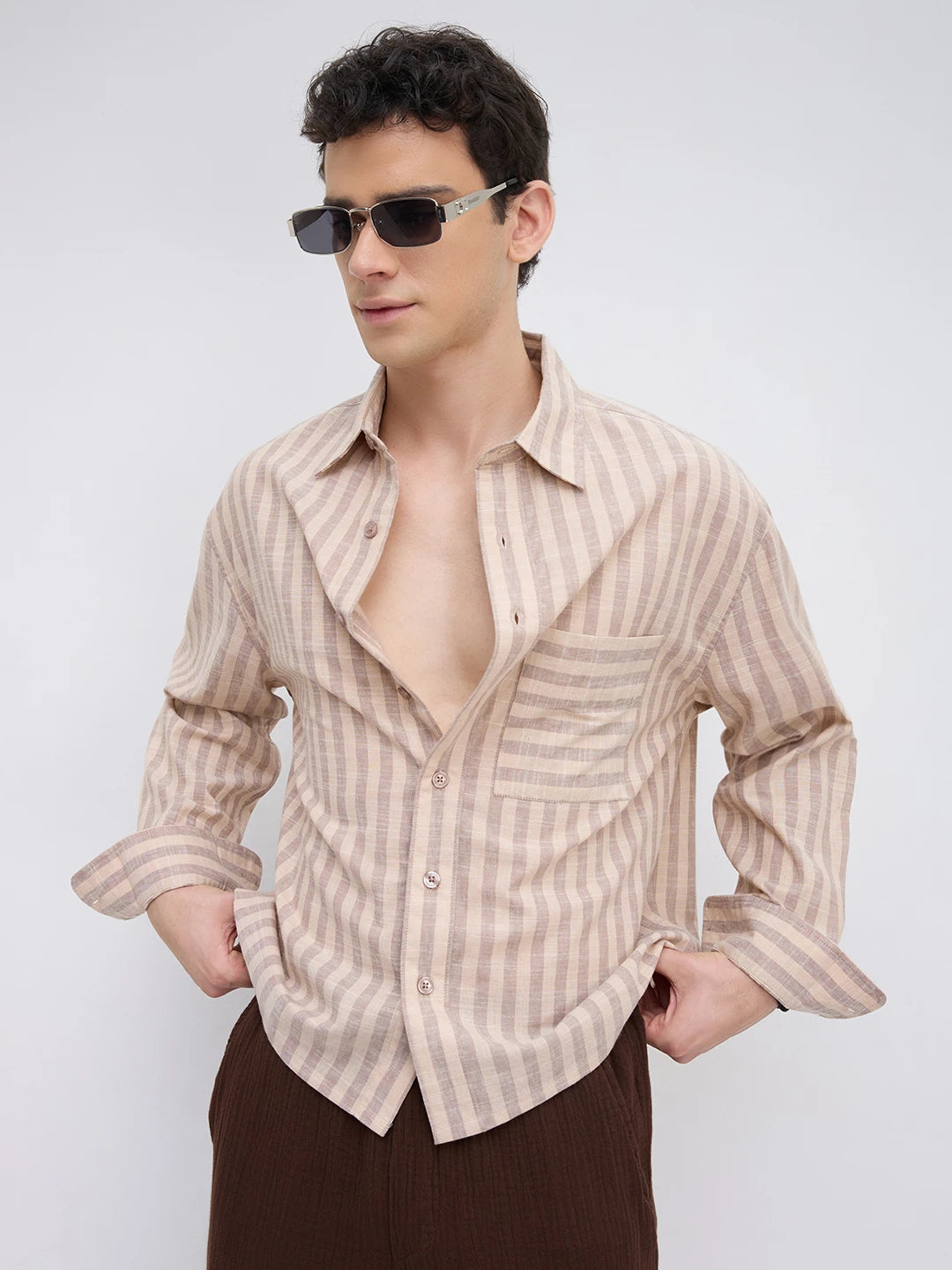 Earthy Brown & Beige Candy Striped Boxy Fit Crop Shirt
