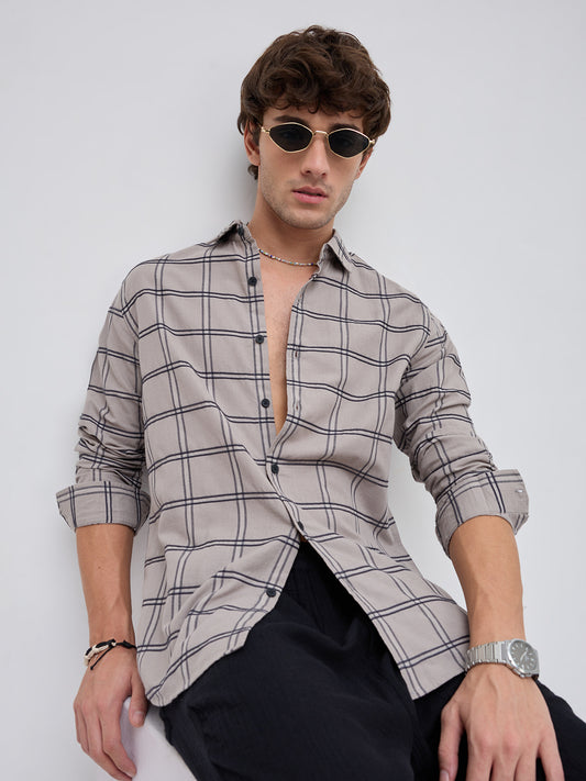 Grey Dimensional Contrast Windowpane Checks Shirt
