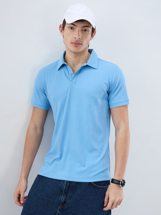 Refined Blue Hairline Striped Polo Knit T-Shirt