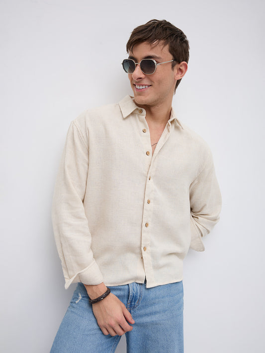 Natural Beige Grain Loom Linen Blend Boxy Fit Crop Shirt