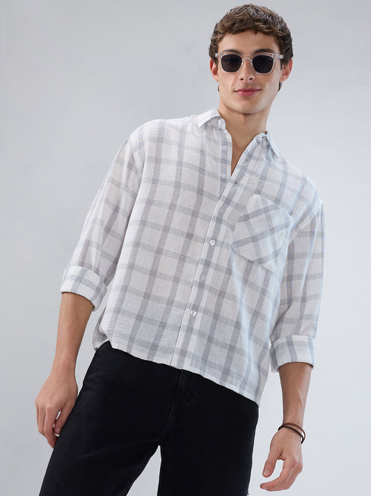 Stone Grey Checks  Fine-Weave Boxy Fit Crop Shirt