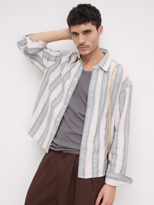 Sage Field Multitone Loomstriped Boxy Fit Crop Shirt