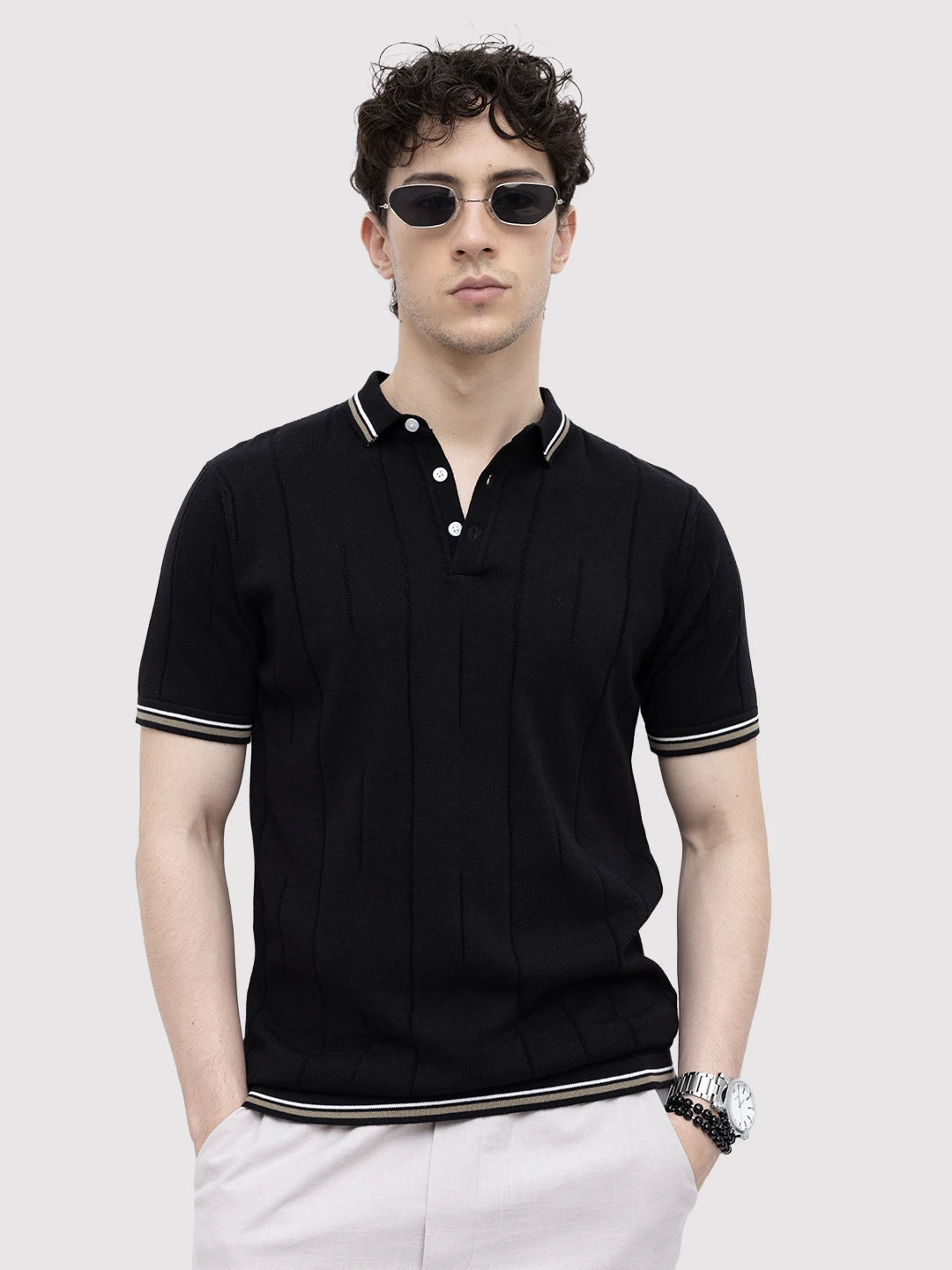 Black Ribline Contrast Polo Knit T-Shirt