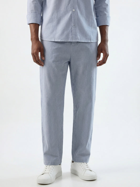 Blue & White Hairline Striped Straight-Fit Trousers