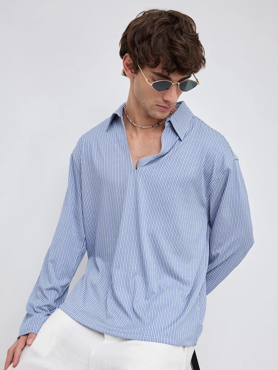Classic Slate Blue Rib Striped Oversized Polo Shirt