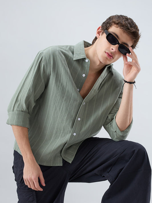 Forest Green Double Cloth Striped Boxy Fit Crop Shirt