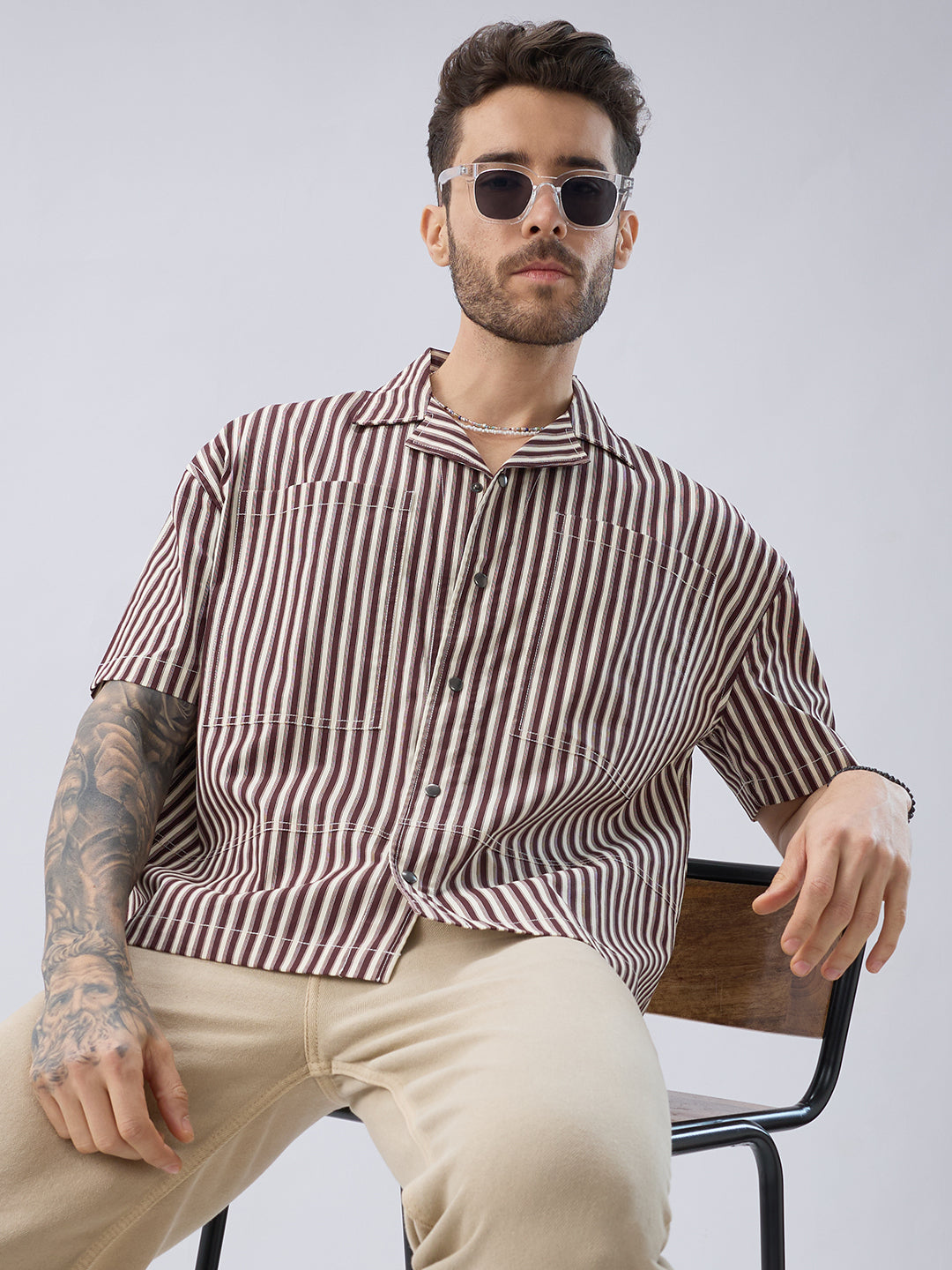 Deep Maroon & Ivory Striped Twin Pocket Oversized Crop Shirt