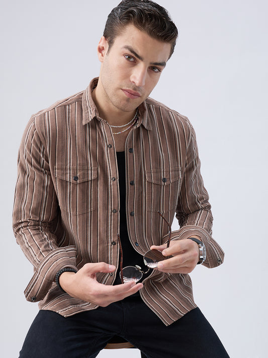 Rustic Bark Brown Multi-Stripe Twin Pocket Corduroy Shirt