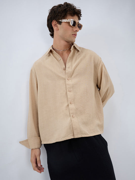 Beige Slub Textured Boxy Fit Crop Shirt