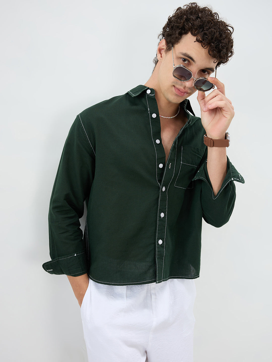 Luxe Sacramento Green Contrast Stitch Linen Blend Boxy Fit Crop Shirt