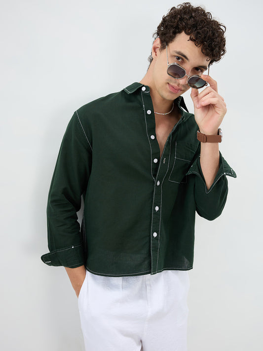 Luxe Sacramento Green Contrast Stitch Linen Blend Boxy Fit Crop Shirt