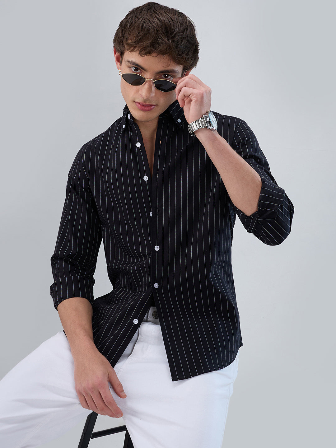Black Balanced Striped Button Down Collar Shirt
