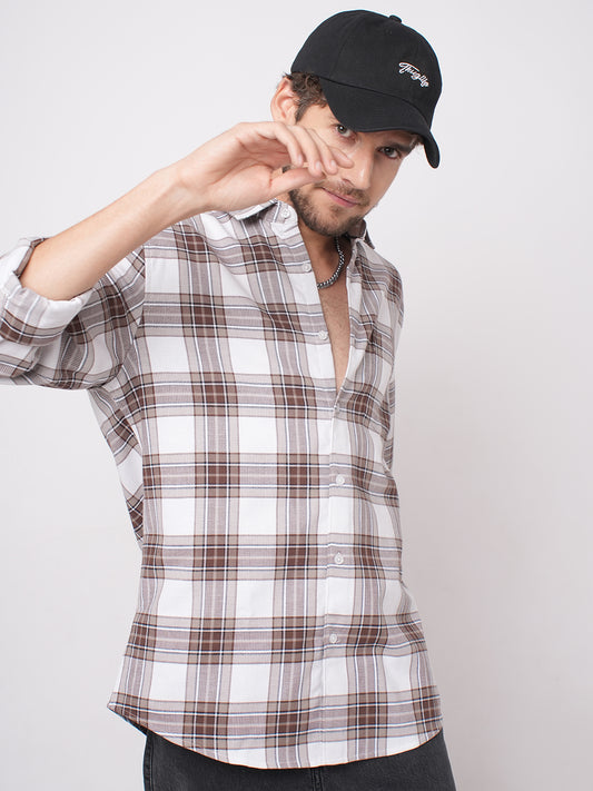 White & Umber Brown Bespoke Checks Shirt