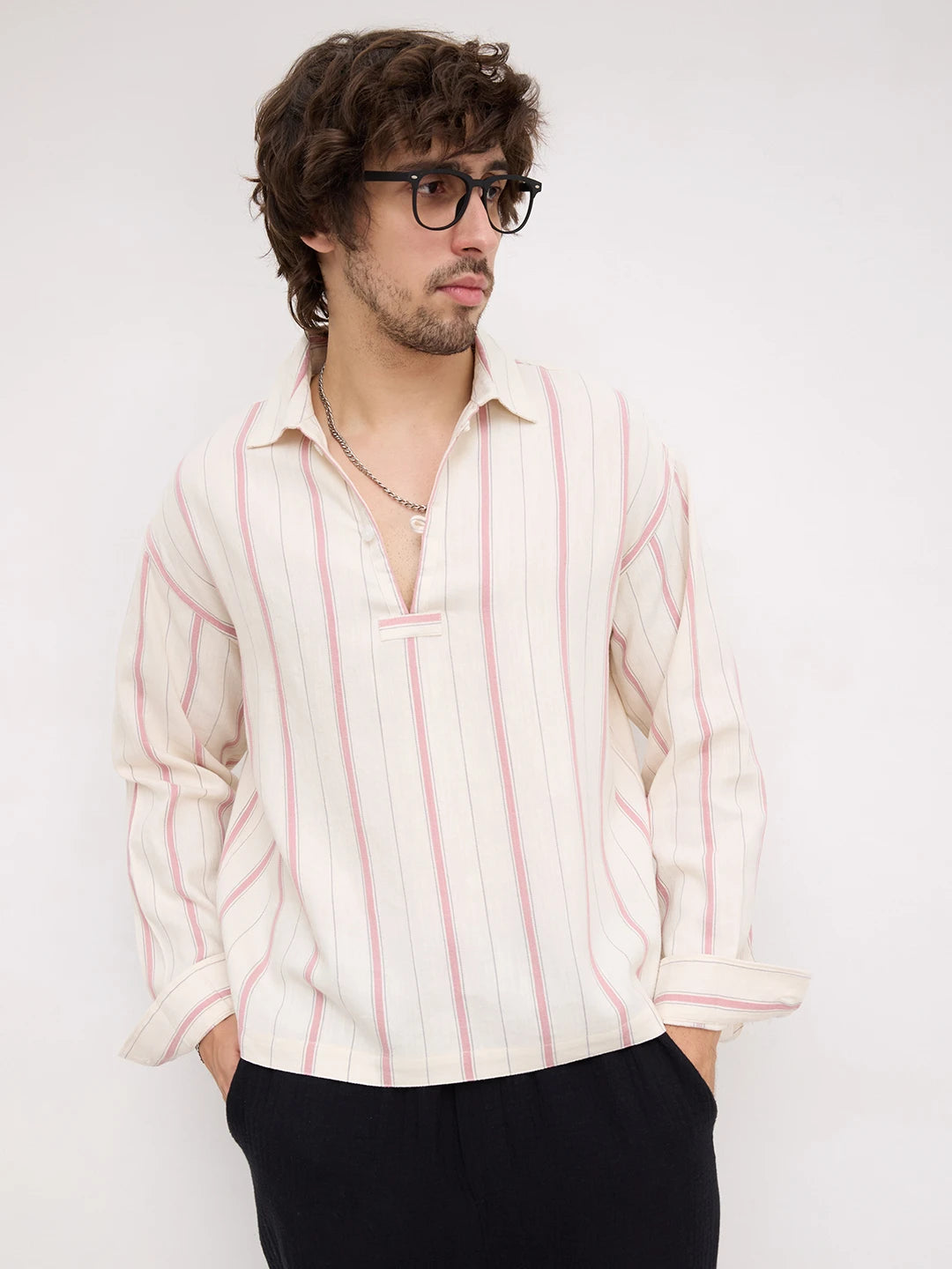 Muted Rose Pink & Ivory Multi Striped Loop Button Oversized Shirt