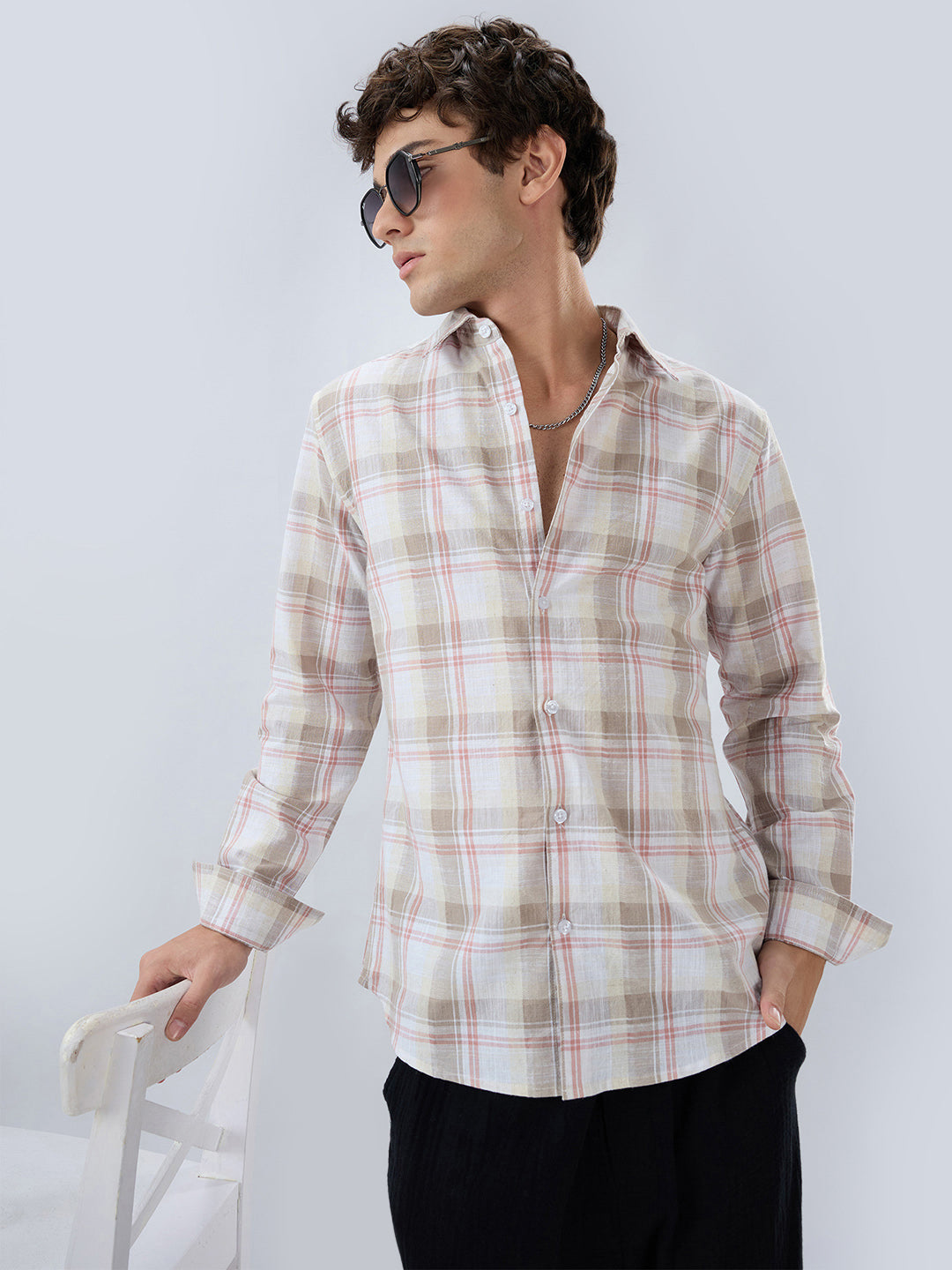 Pink & Brown Fine Weave Plaid Checks Shirt