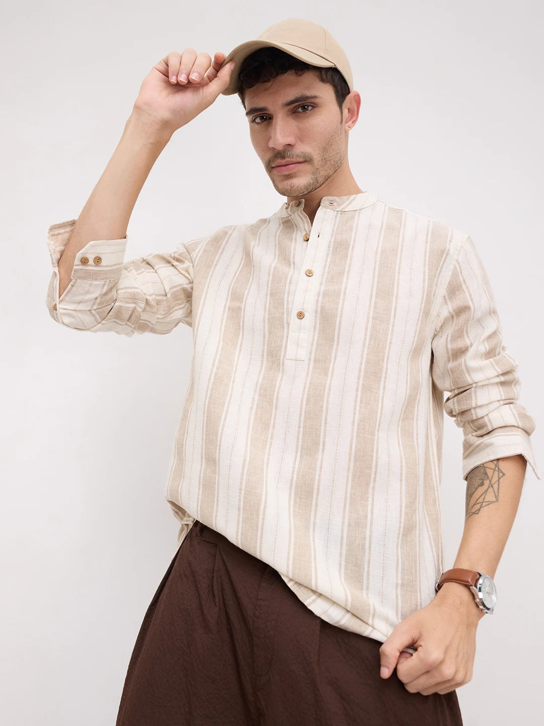 Rustic Sand Beige Vertical Striped Kurta
