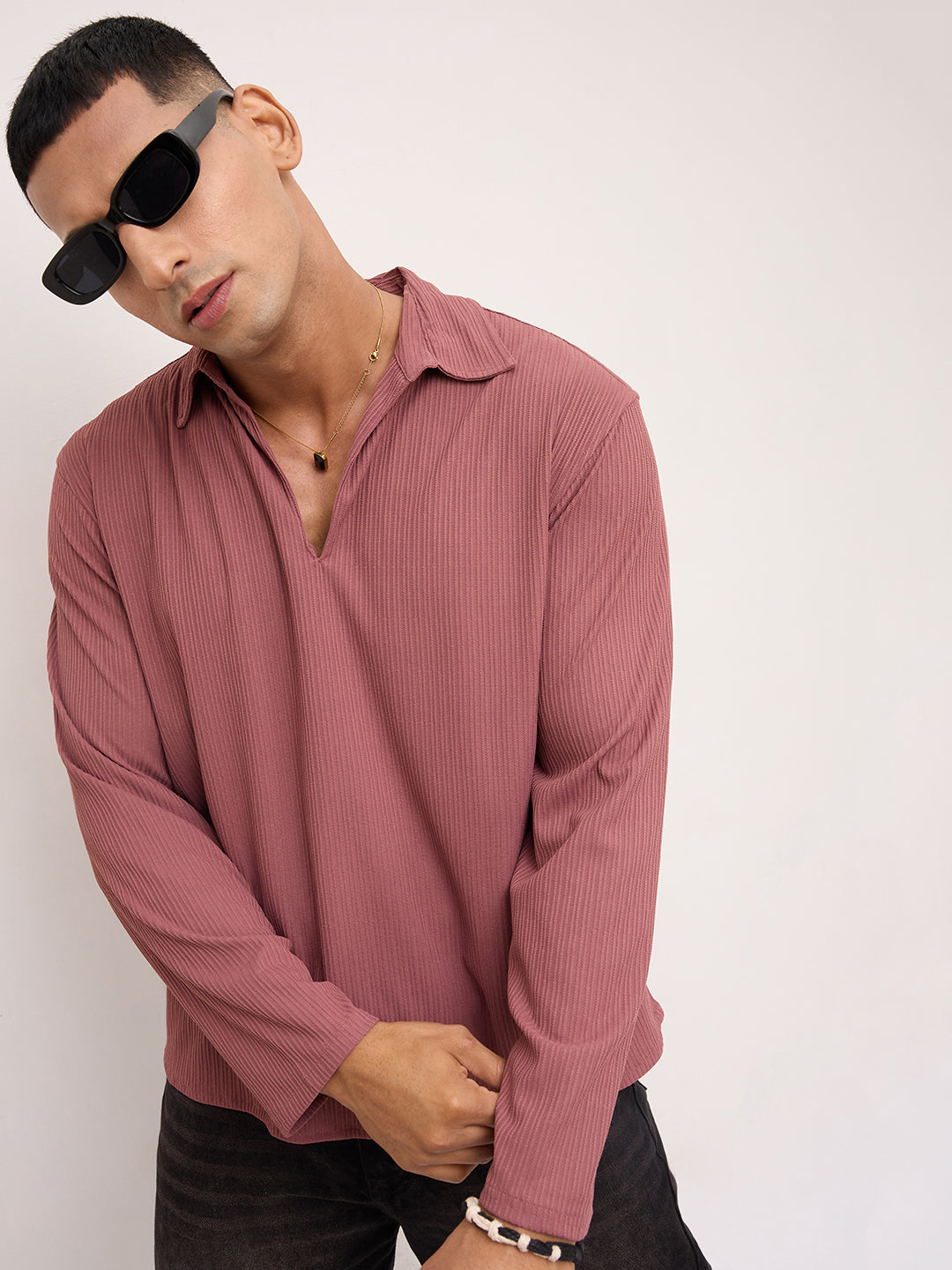 Cordovan Maroon Striped Oversized Polo Knit Shirt