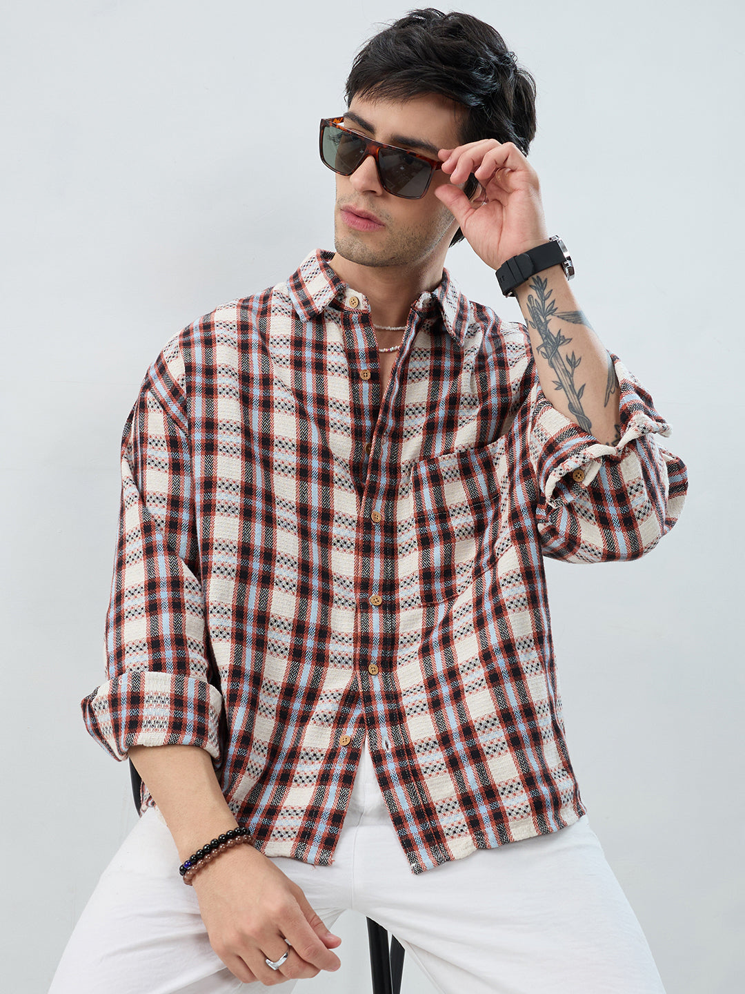 Autumn Grid Multicolor Checks Boxy Fit Crop Shirt