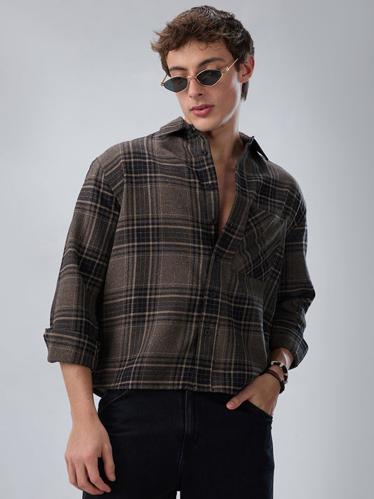 Black & Peanut Brown Plaid Checks Boxy Fit Crop Shirt