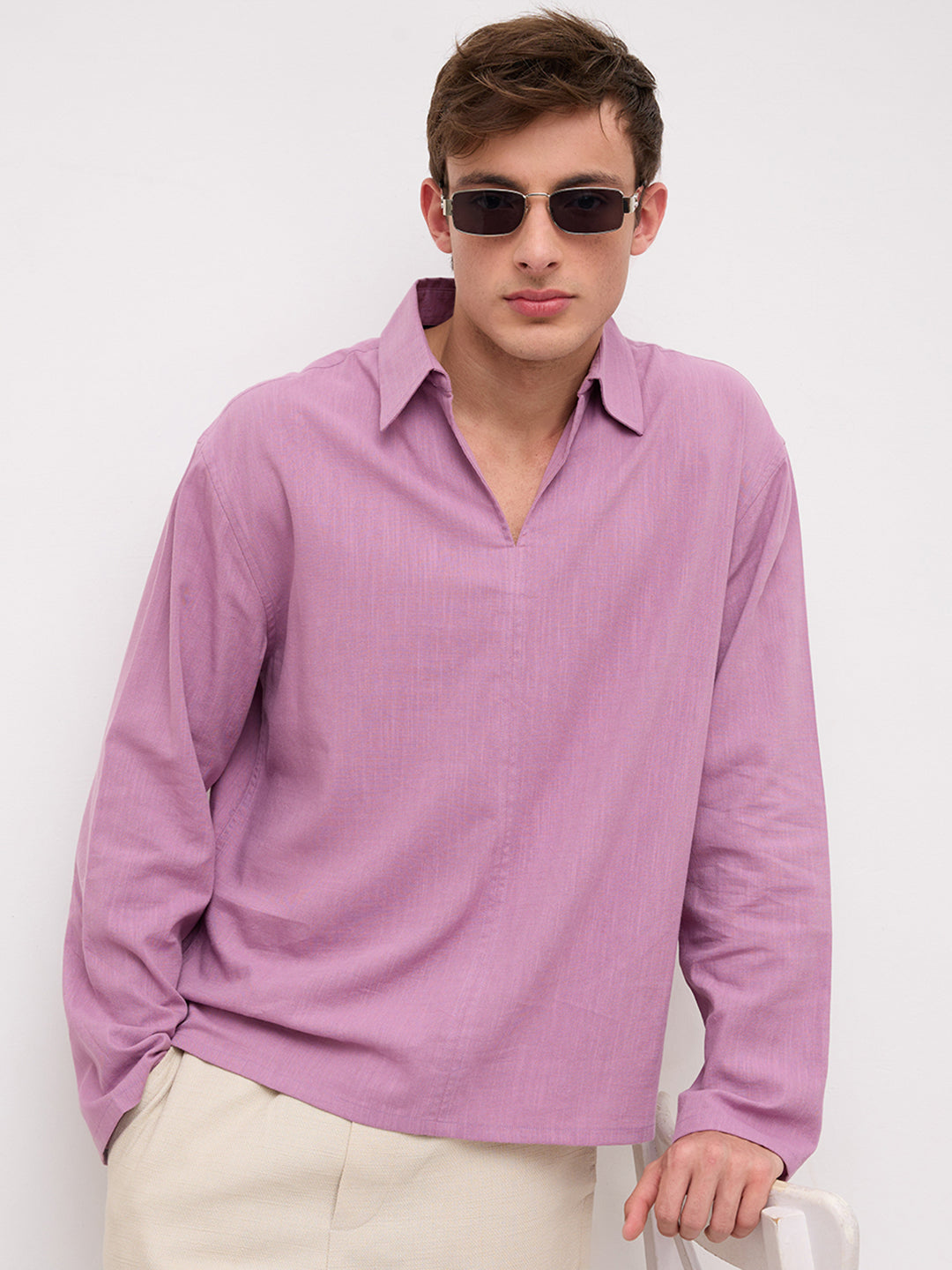 Dusty Rose Pink Slub Textured Center Seam Oversized Polo Shirt