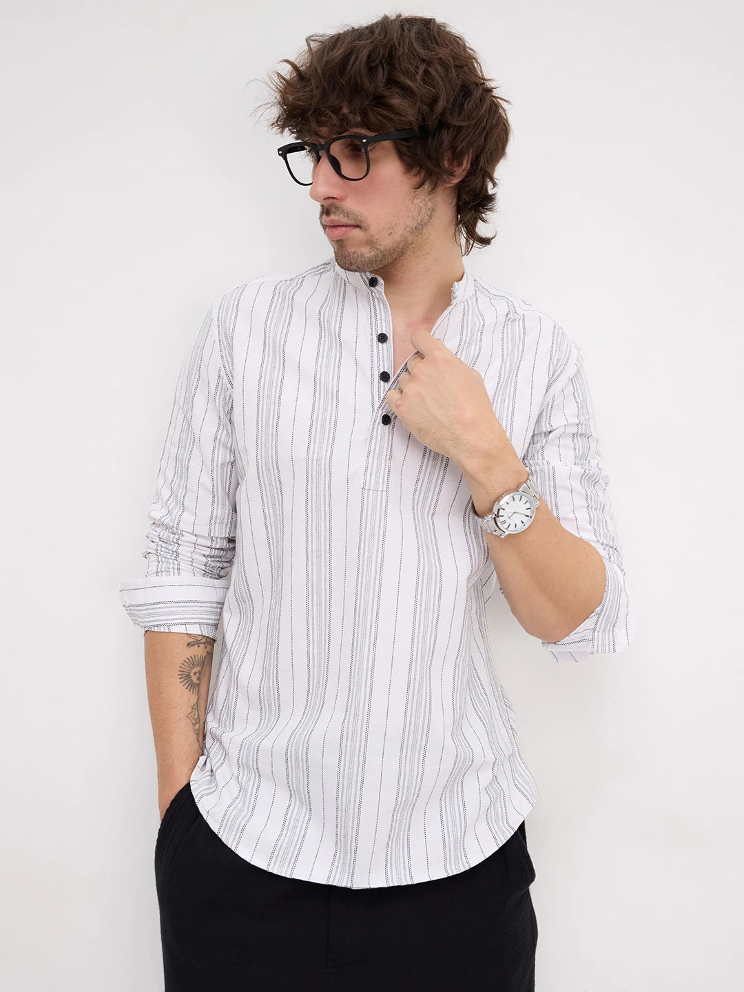 Monochrome Fine Threadwork Striped Kurta