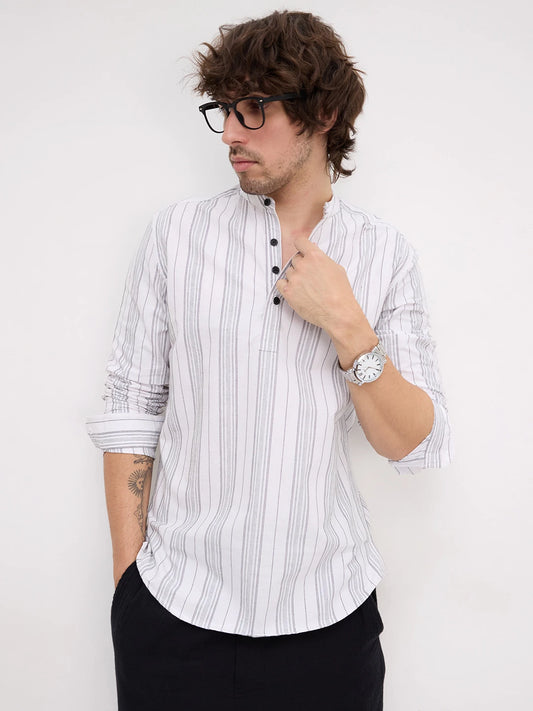 Monochrome Fine Threadwork Striped Kurta
