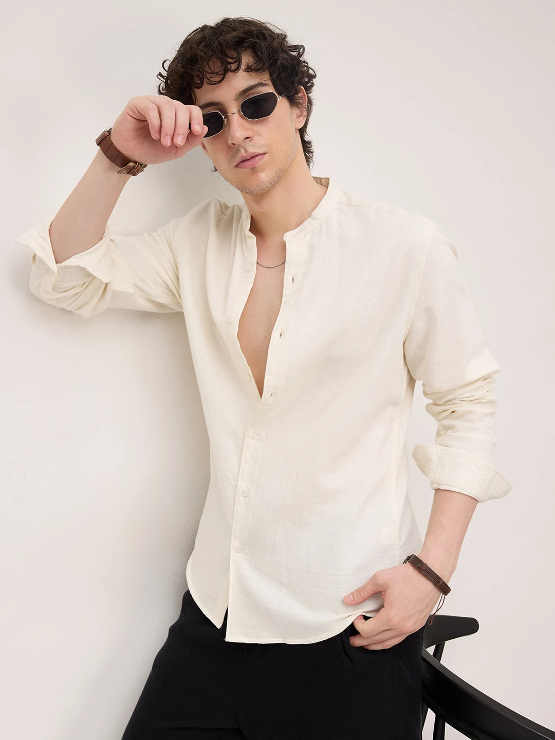 Off White Herringbone Textured Mandarin Shirt
