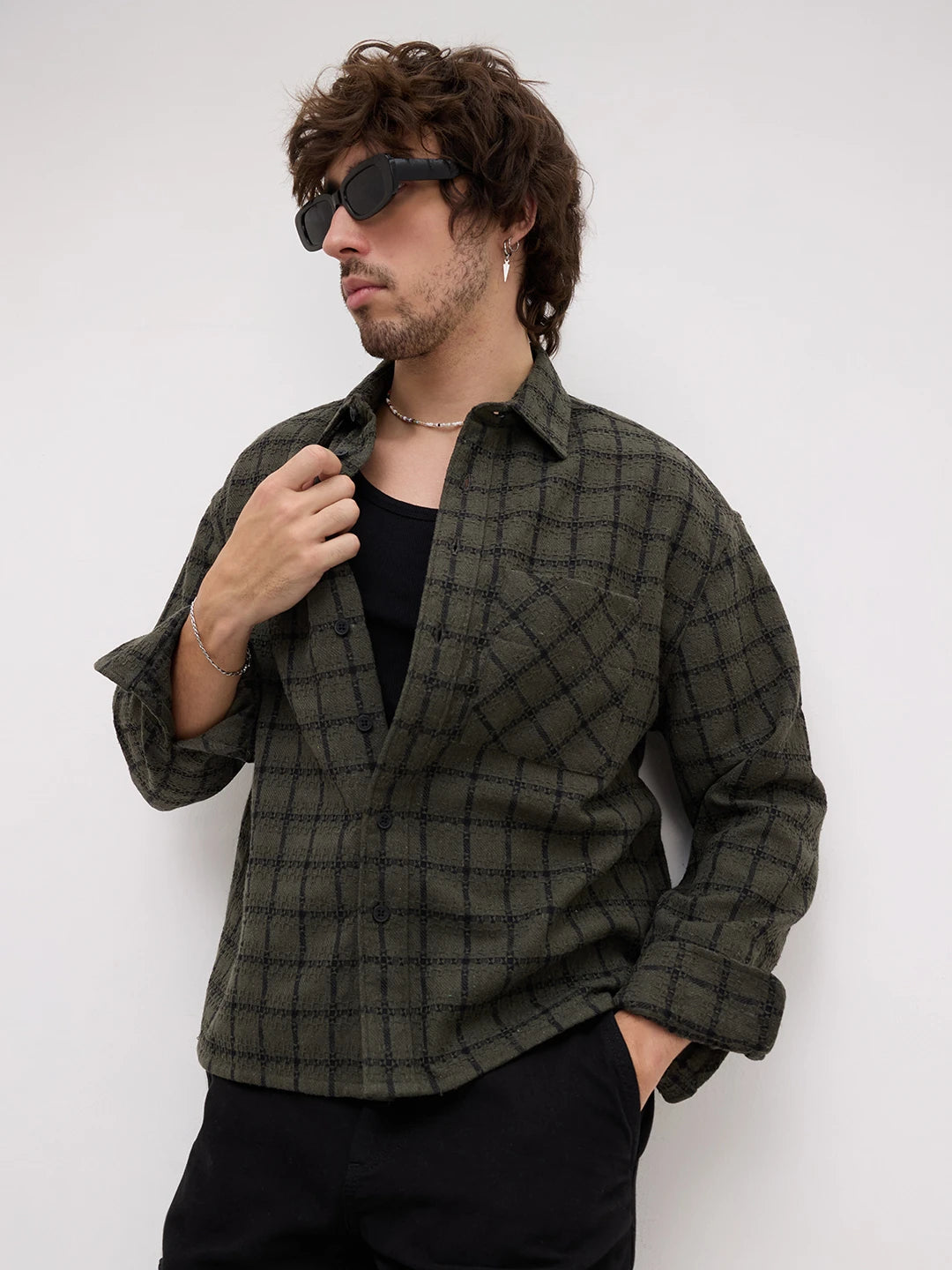 Olive Interweave Box Checks Flannel Boxy Fit Crop Shirt