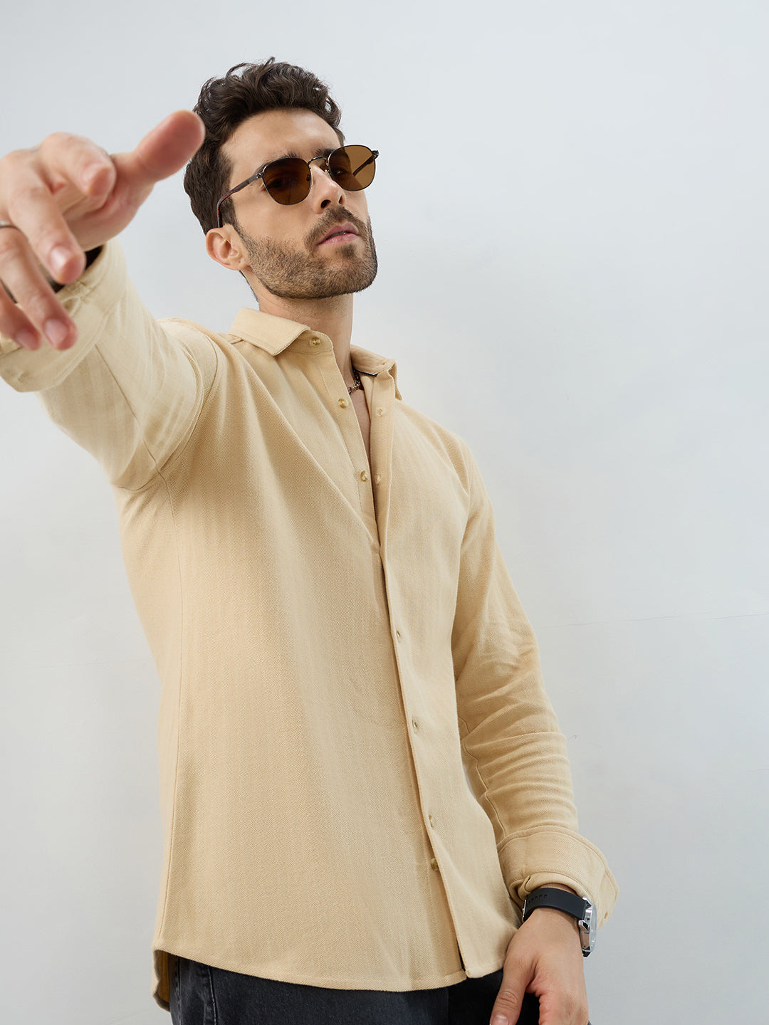 Soft Beige Herringbone Knit Shirt